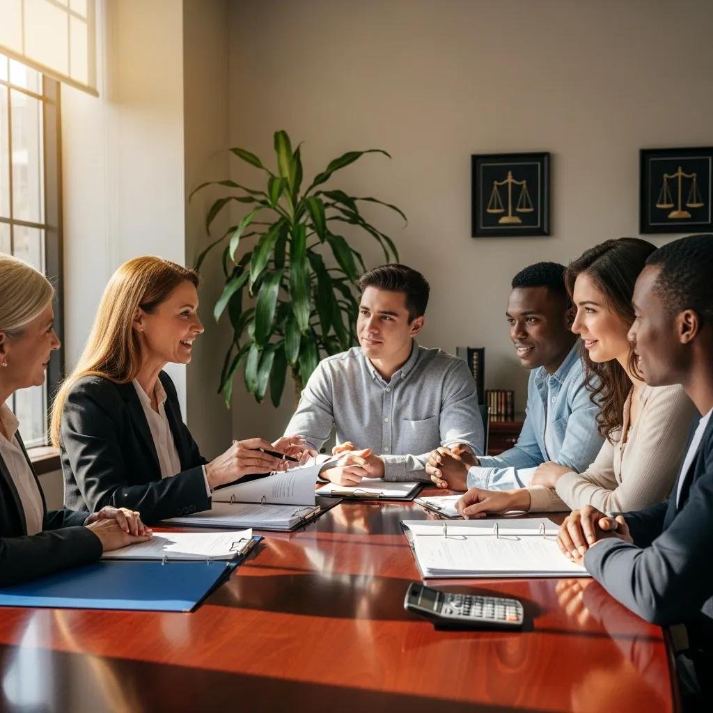 Group discussing compensation options for slip and fall injuries in a legal setting