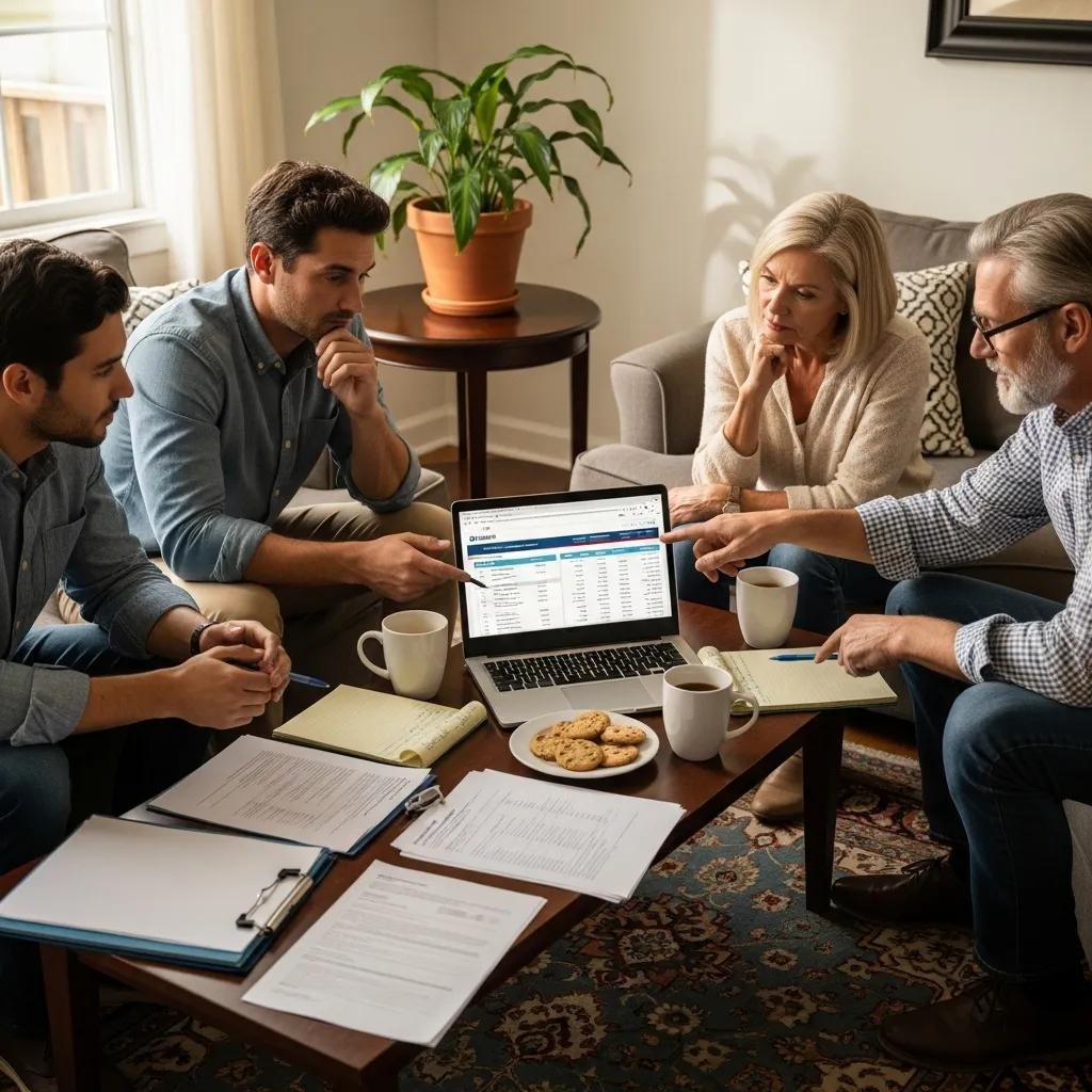 Homeowners discussing property tax grievances in a cozy living room