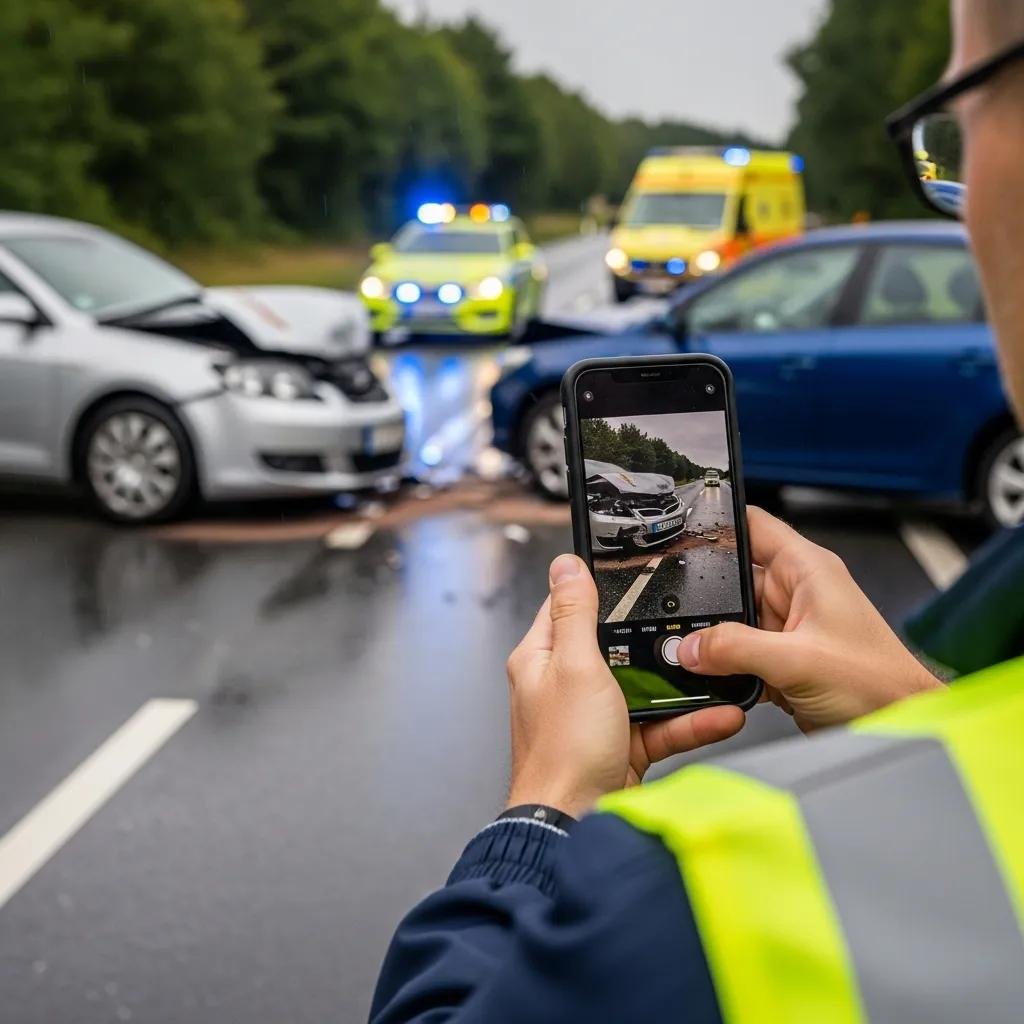 Individual documenting a car accident scene with a smartphone, highlighting the importance of evidence collection