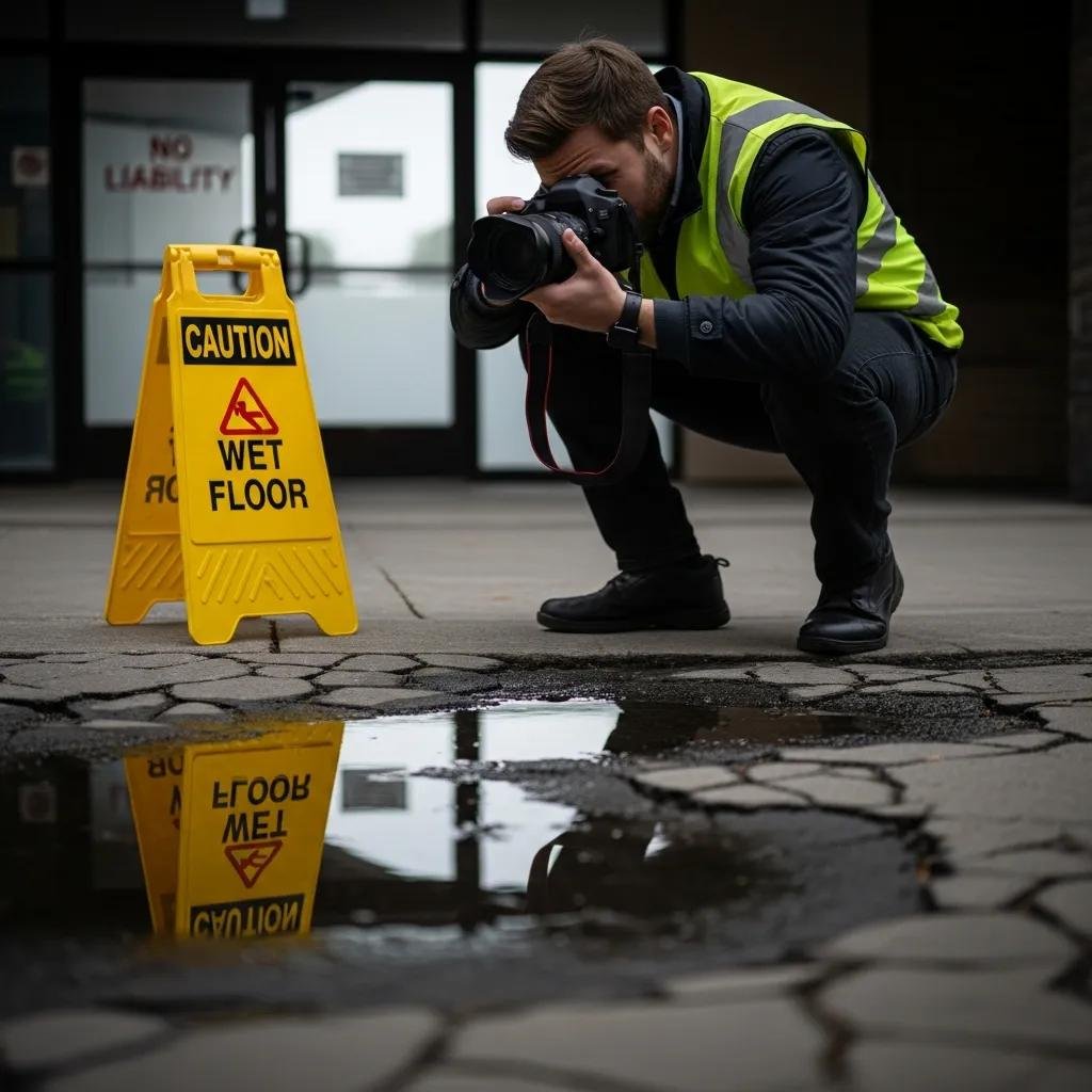Individual documenting a slip and fall accident scene with visible hazards