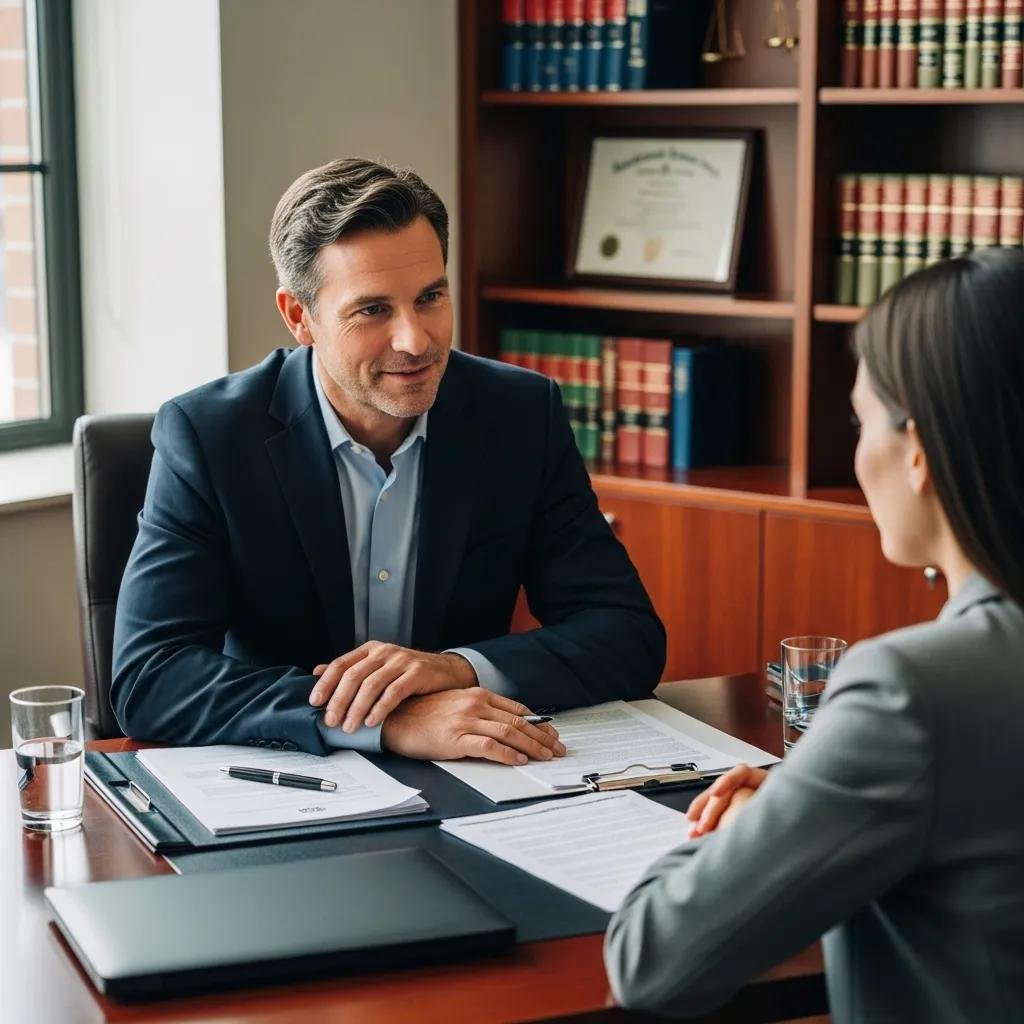 Lawyer consulting with a client in an office, representing legal support and advocacy for accident victims