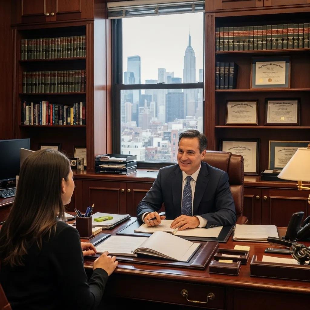Slip and fall lawyer consulting with a client in a New York City office