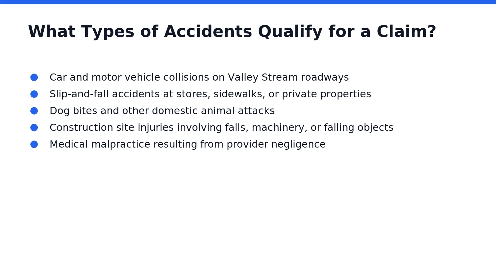Personal injury claims cover a broad range of incidents, not just car crashes. Valley Stream