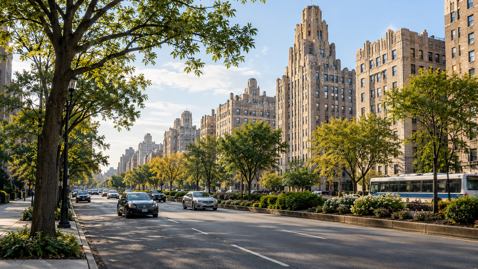 Illustrative Bronx boulevard with apartment buildings, trees, traffic, and a bus