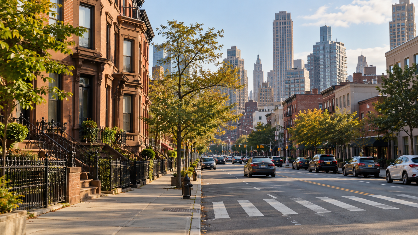 Illustrative Brooklyn streetscape with brownstones, traffic, and a crosswalk