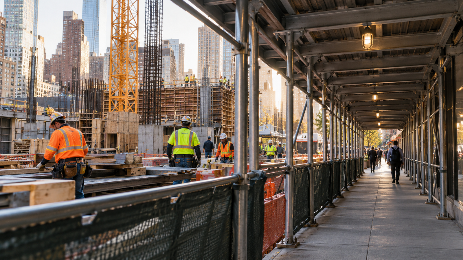 Construction site with scaffolding and protected walkway, AI-generated illustration