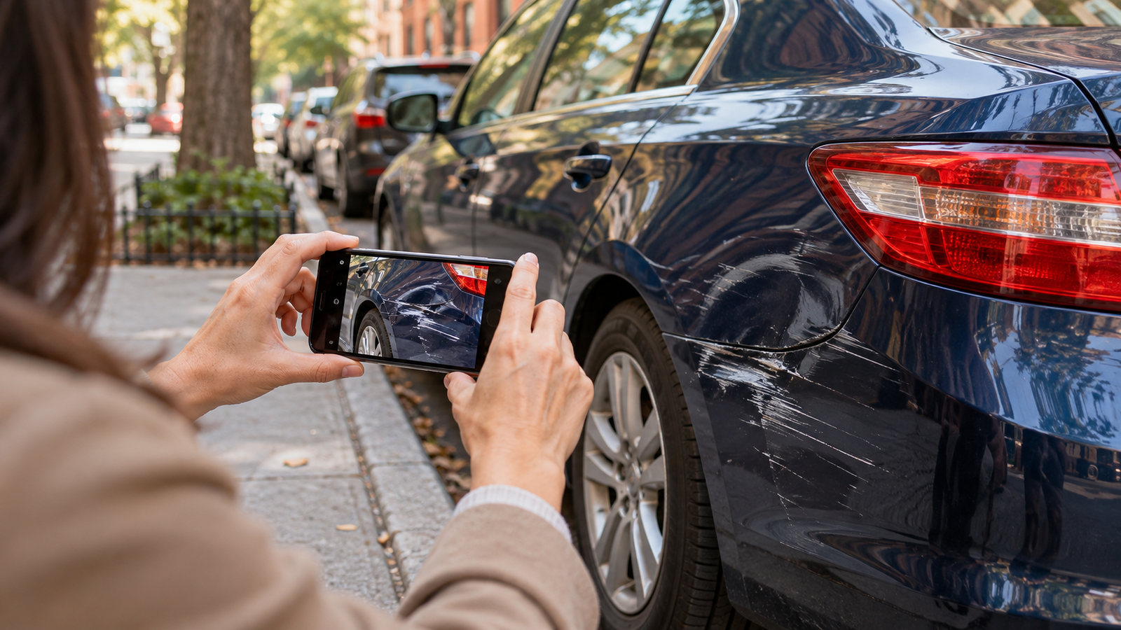 Illustrative scene of a motorist photographing damage to a parked sedan