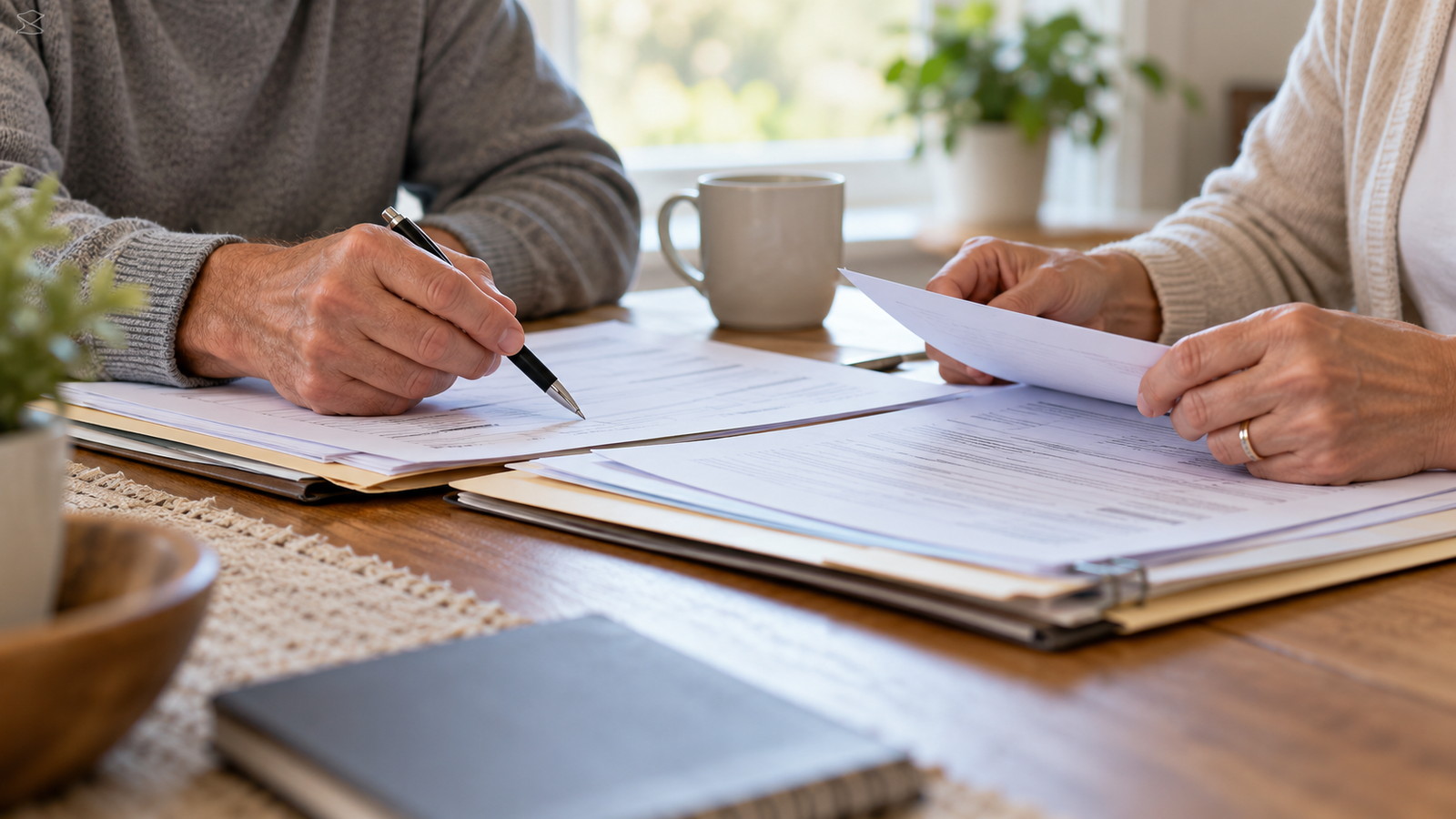 Hands reviewing estate planning documents at a table, AI-generated illustration