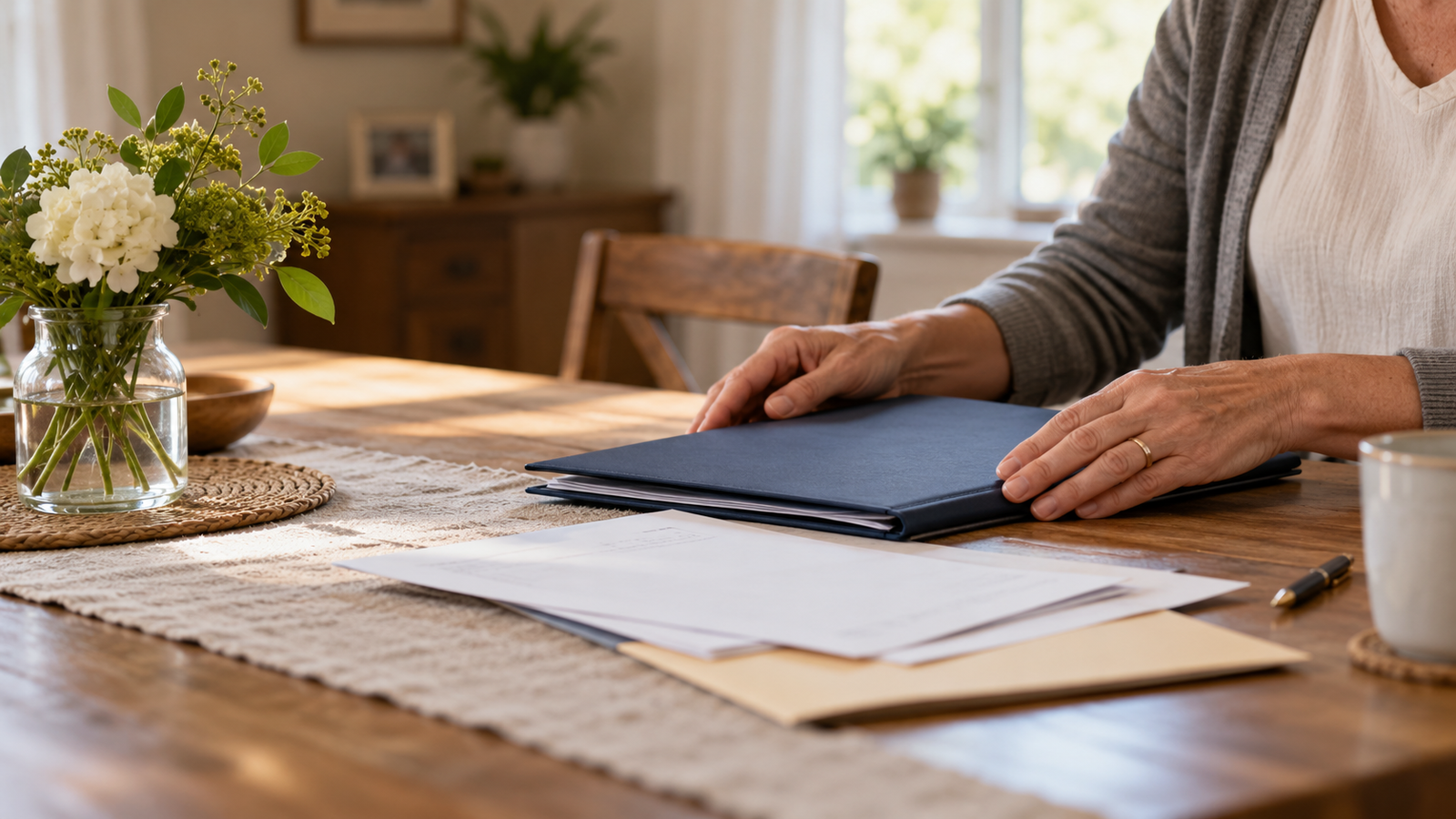 Hands resting on a document folder at home, AI-generated illustration