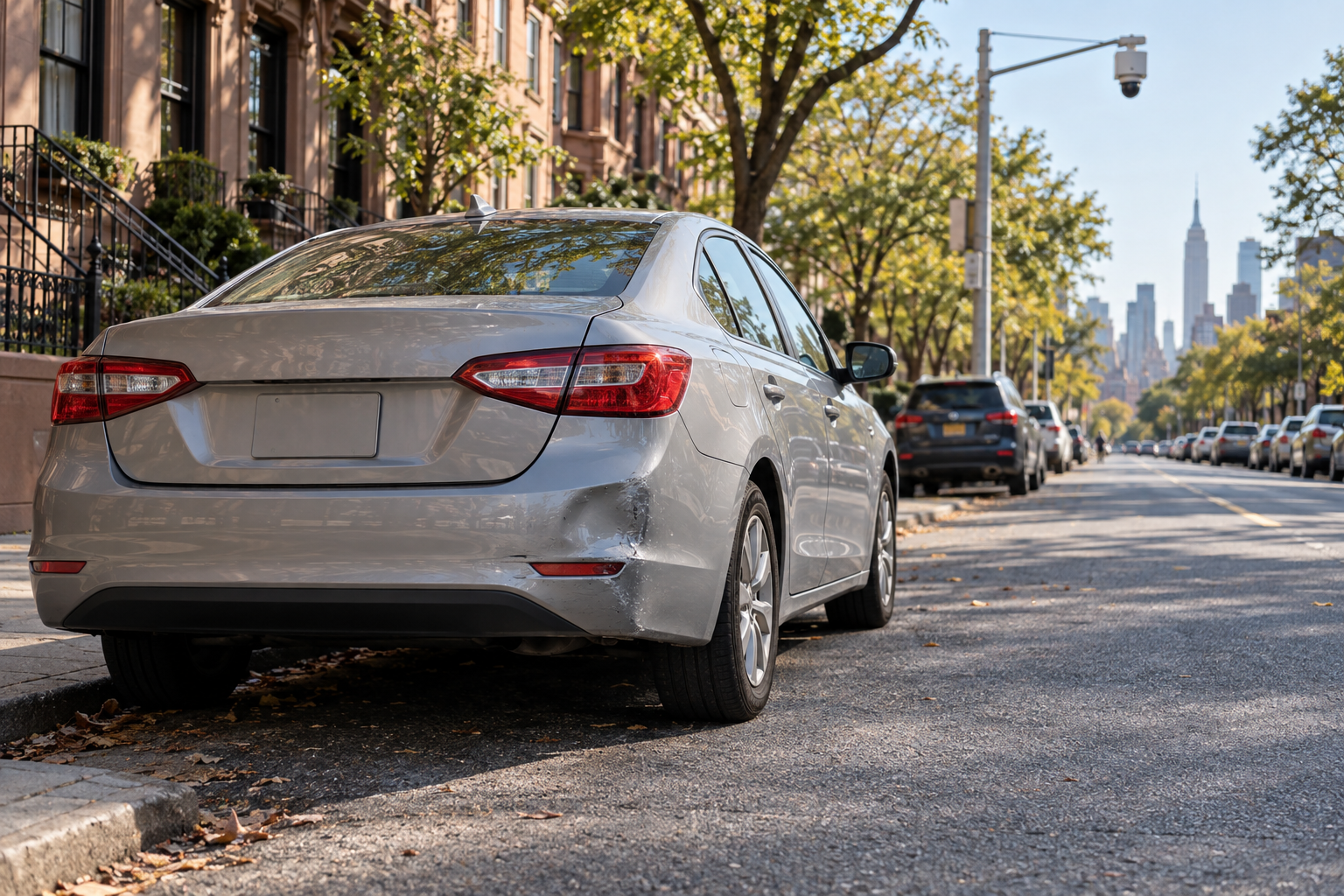 Parked sedan with bumper damage, AI-generated illustration