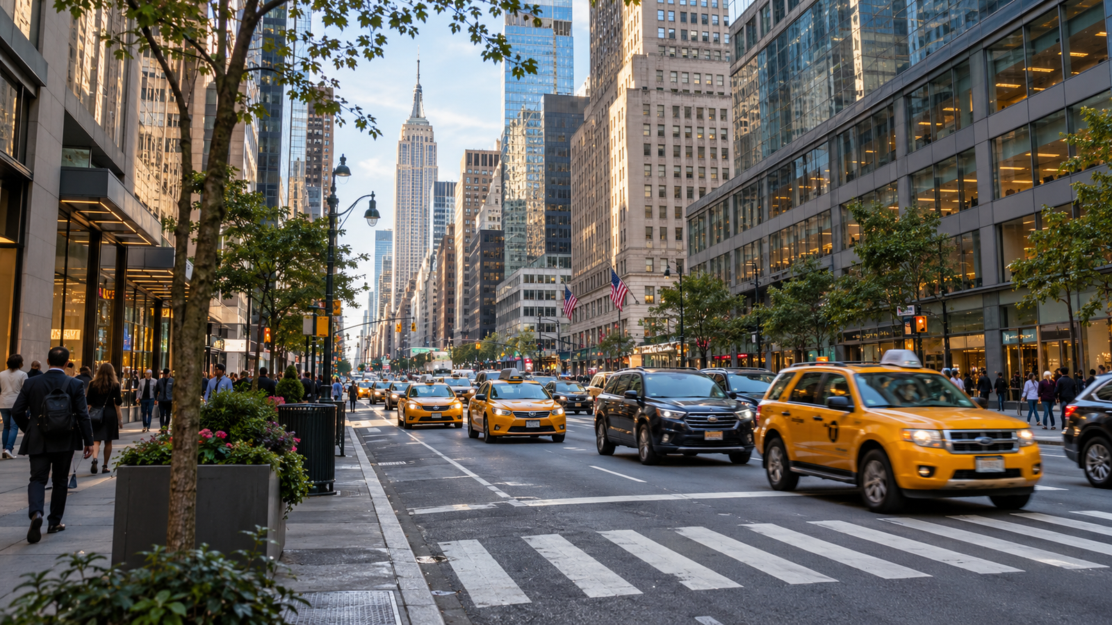 Illustrative Manhattan avenue with yellow taxis and a marked crosswalk