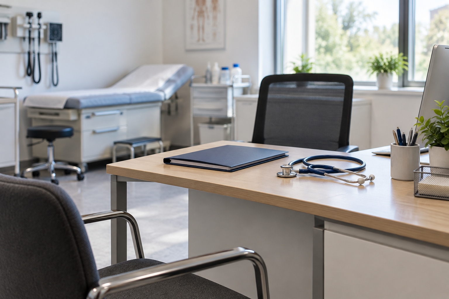 Empty medical consultation room and records, AI-generated illustration