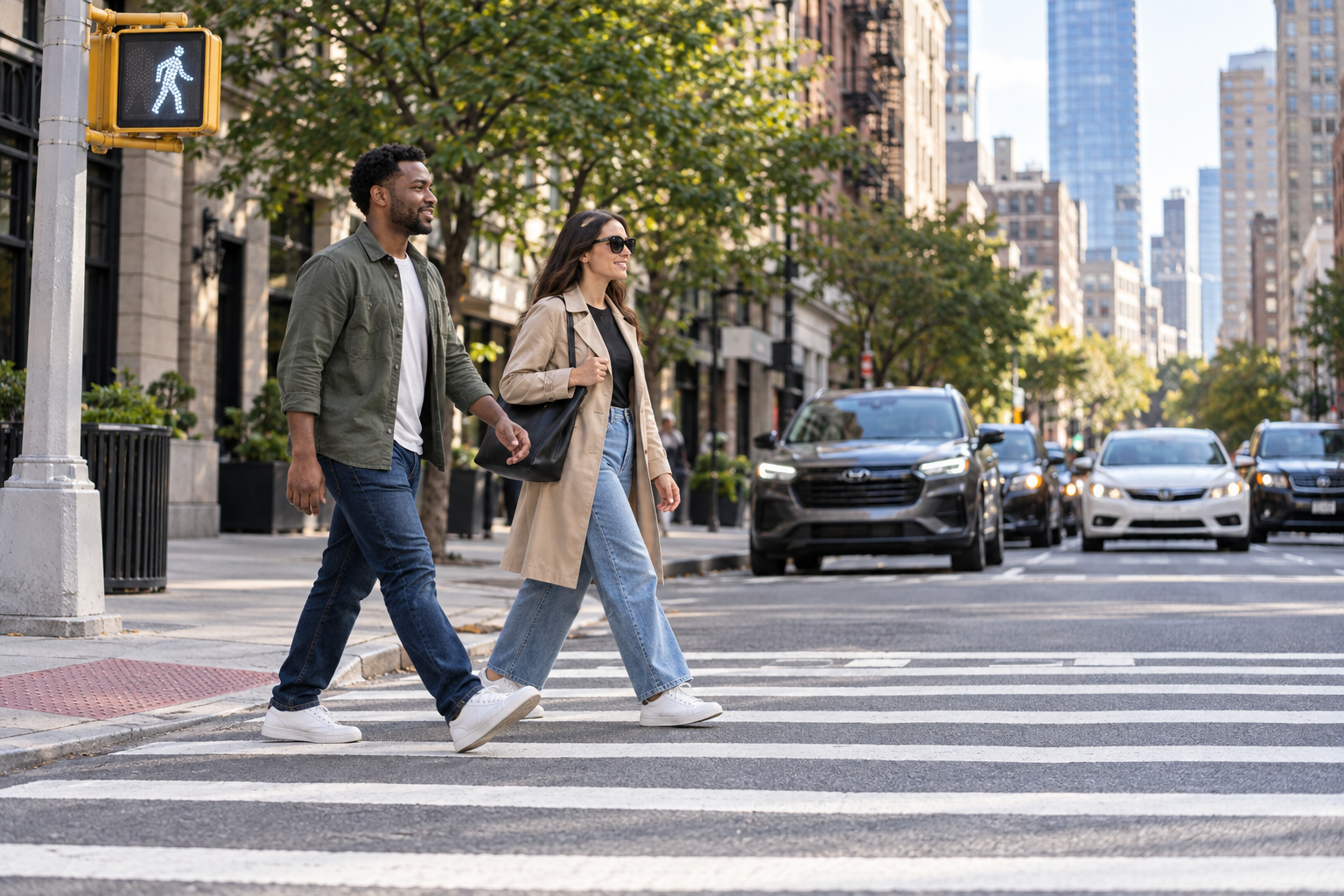 Pedestrians using a marked crosswalk, AI-generated illustration