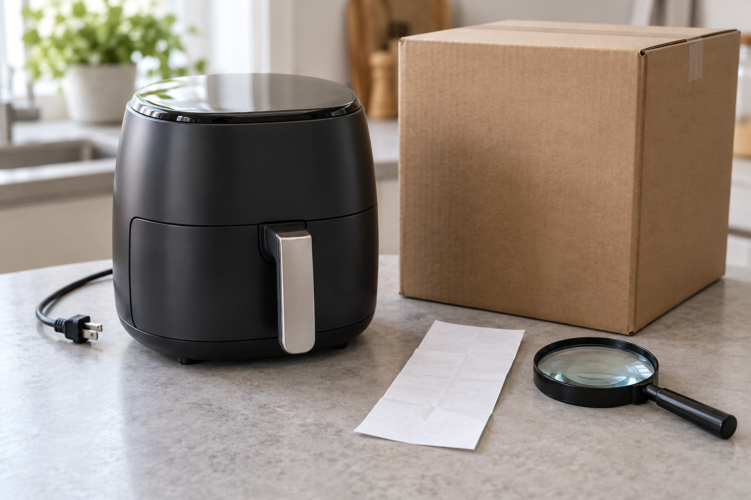 Unplugged appliance and packaging preserved for review, AI-generated illustration