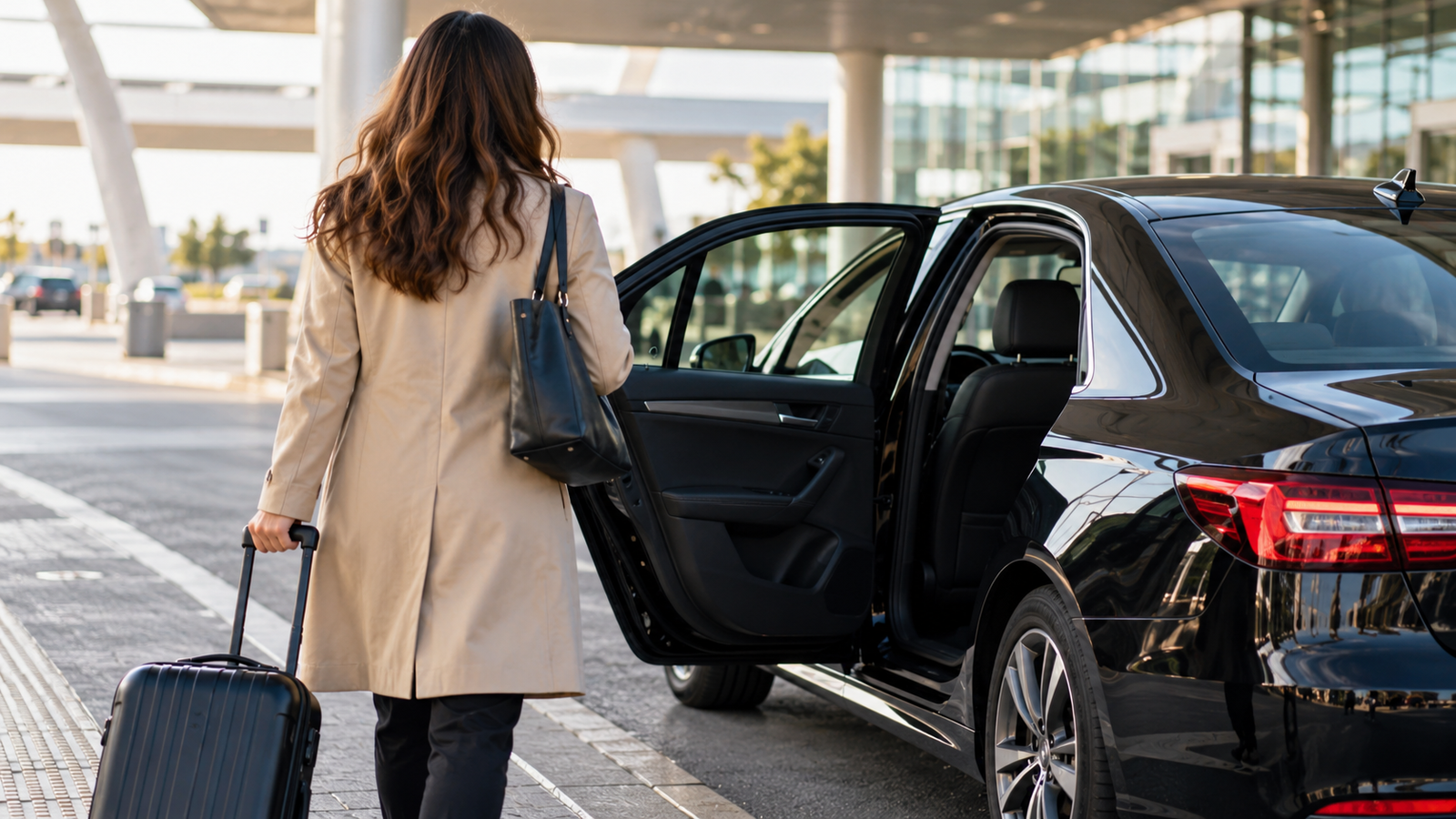 Passenger with luggage beside a sedan, AI-generated illustration