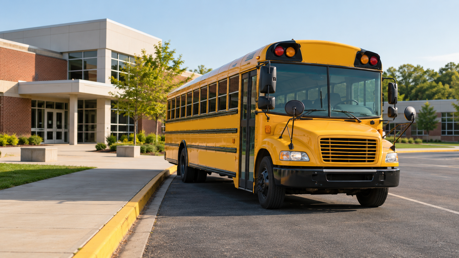 Yellow school bus parked near a school, AI-generated illustration