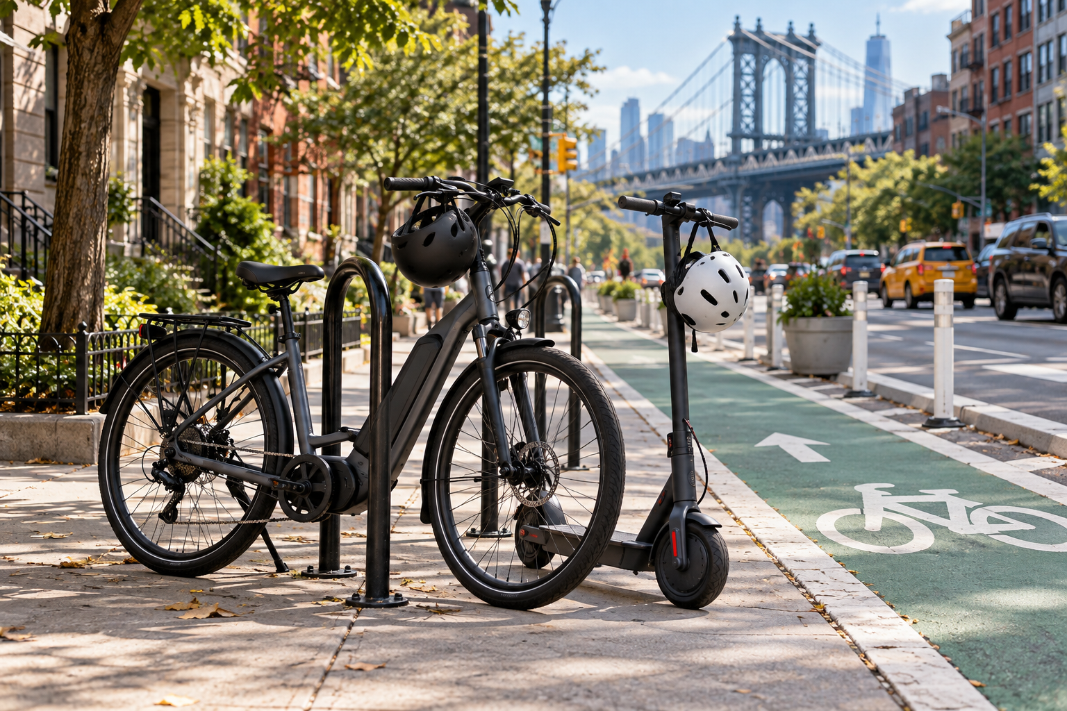 Electric bicycle and scooter beside a protected bike lane, AI-generated illustration