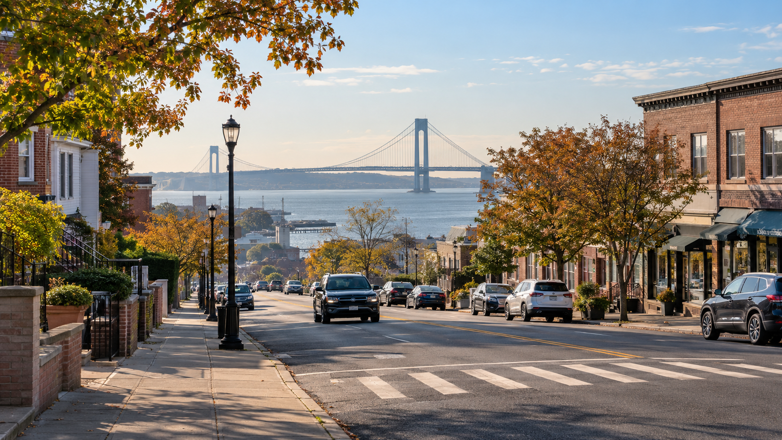 Illustrative Staten Island streetscape with low-rise buildings and a distant waterfront bridge