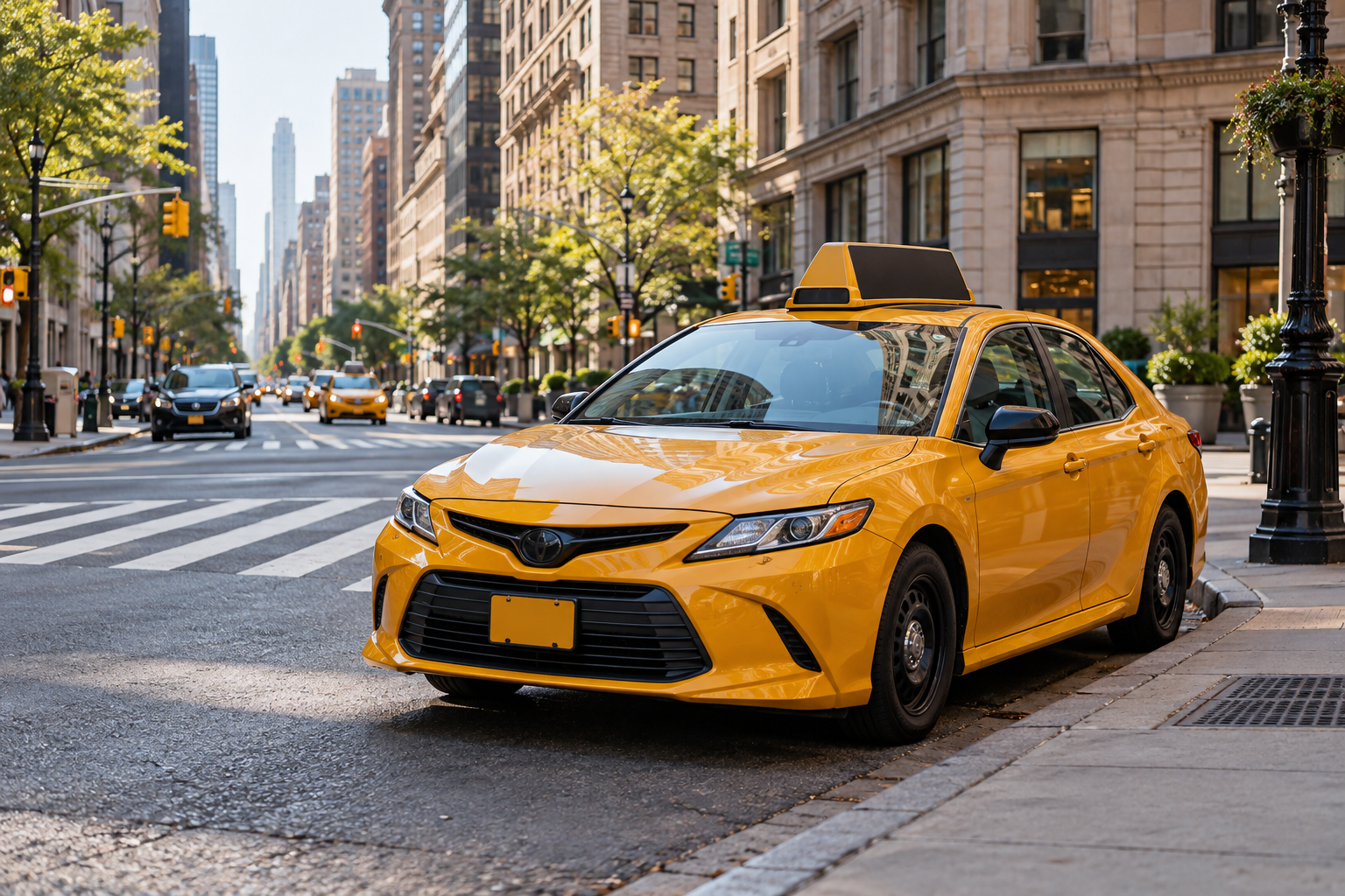Yellow taxi stopped at a New York-inspired curb, AI-generated illustration