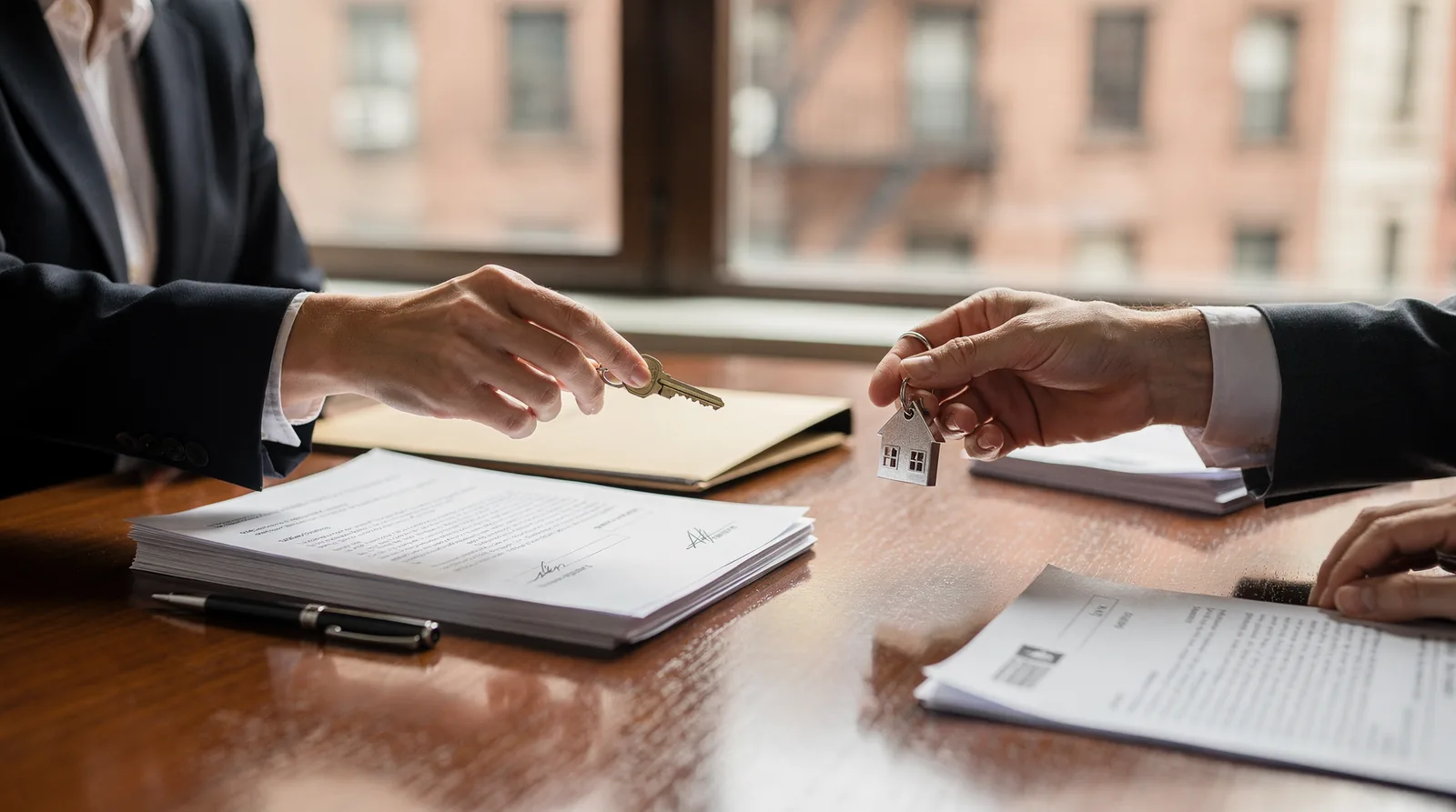 Buyer and seller signing documents at a residential closing table