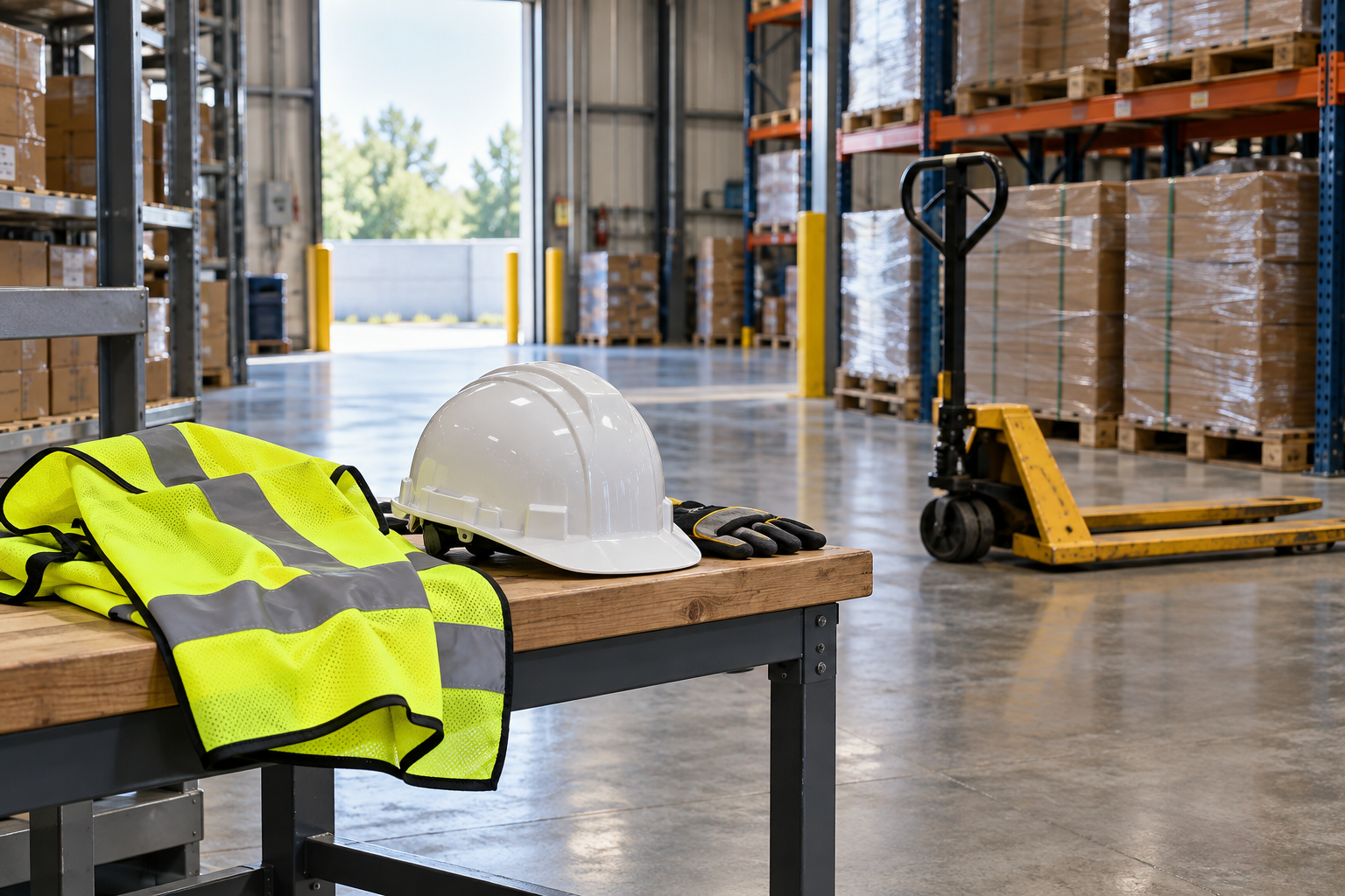 Hardhat and safety vest in a warehouse, AI-generated illustration